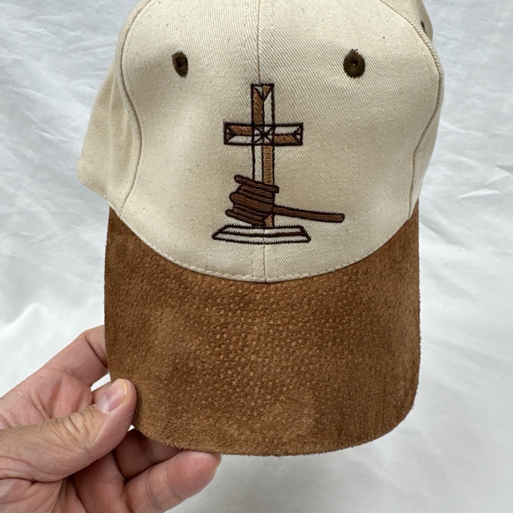 Y2K Christian Cross Gavel Strapback Hat FCAI Suede Brim KC Cap Beige Brown - Picture 2 of 11
